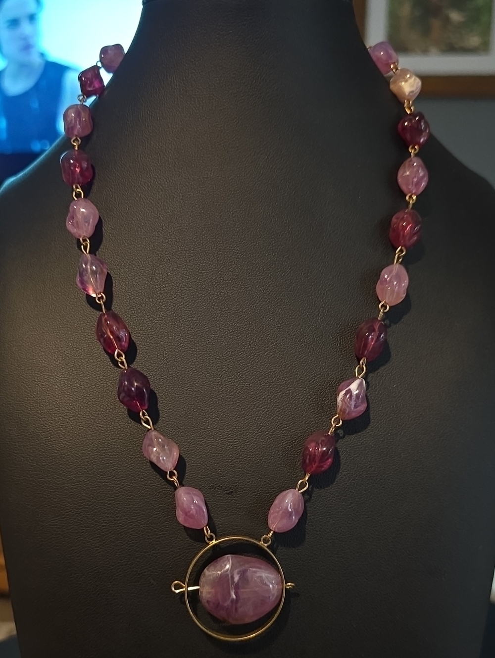 Purple Beaded Statement Necklace with Circular Pendant - Women Jewelry